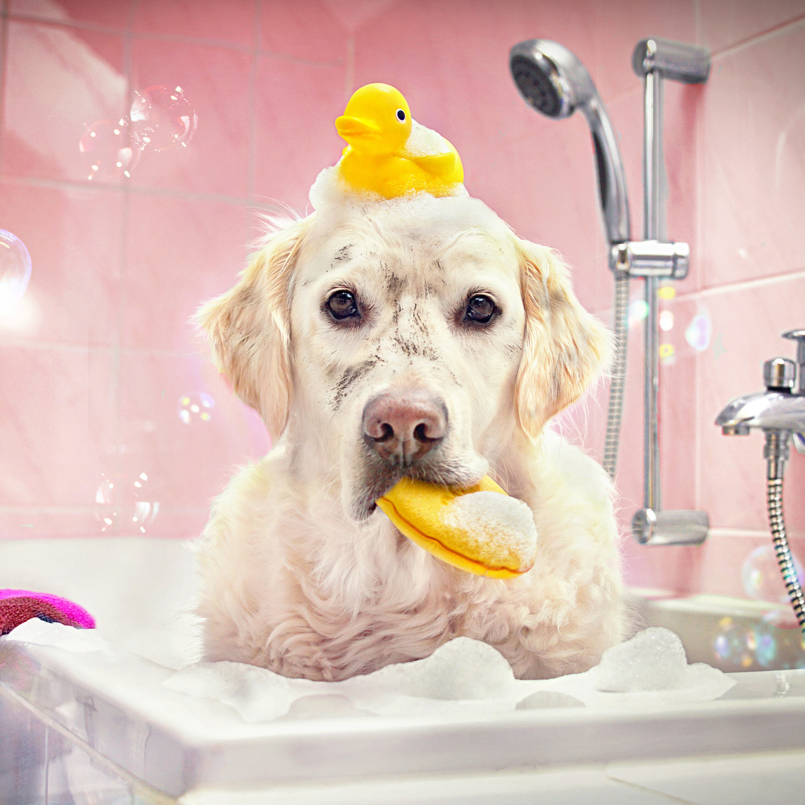 Dog,Sitting,In,Bathtub,With,Duck,On,Head